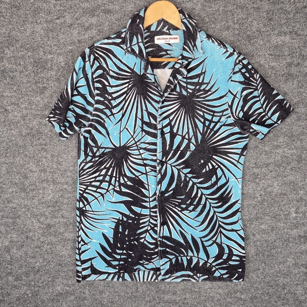 ORLEBAR BROWN Terry‎ Travis Camp Shirt Blue Palmetto Palm Men's Size M